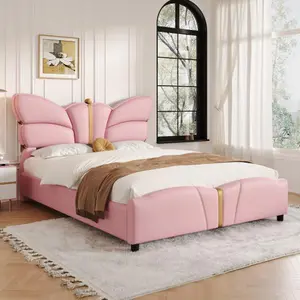 [Bellemave]Full/Queen Size Upholstered PU Leather Bed Frame, with Butterfly Shaped Headboard and Footboard, Platform Bed Frame with Gold Metal decorations, No Box Spring Needed, Light Pink