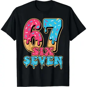 This stylish and cool "67" T-shirt is perfect for birthday parties and casual everyday wear. The playful ice cream drip effect adds a touch of whimsy. Made of comfortable, stretchy fabric, it's ideal for sports and play.