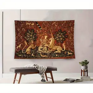 1Pc Peach Velvet Tapestry, Ethnic Art Hand Woven Wall Hanging, Landscape Theme, Polyester Fabric, Home Living Room Bedroom Dorm Decor, Horizontal, No Power Required, >200G Square Kilogram