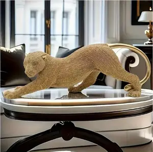 Leopard Resin Sculpture Elegant Beaded Design for TVStand & Office Decor Luxury Fengshui Home Art Giftcabinet ornament Graceful Beautiful desktop statueDurable Figurine in Black Gold Silver Real Bat panther statue