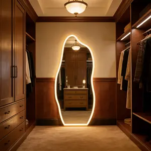 Irregular Wavy LED Full Length Mirror, Asymmetrical Cloud Shape Lighted Wall Mirror, Touch Control Warm White Glow, Shatterproof HD Silver Mirror, Modern Decorative Mirror for Entryway, Bedroom, Closet