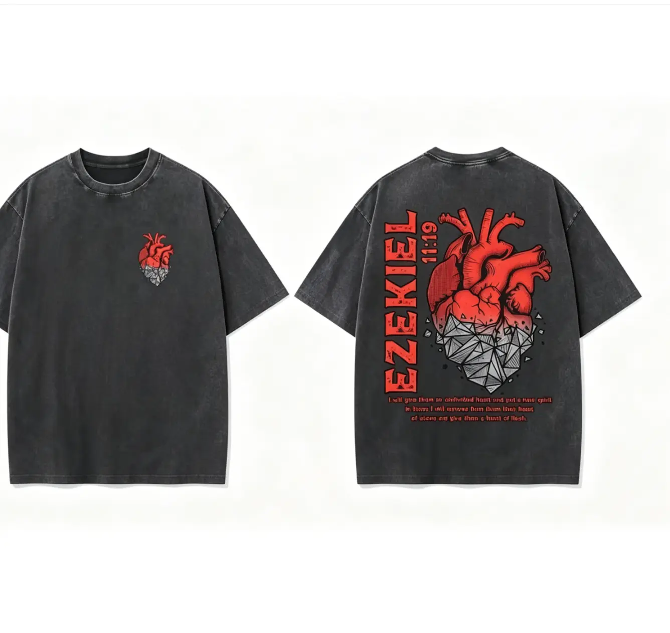 Men's Vintage Oversized 100% Washed Cotton Shortsleeve Tee Top - Christian Style Casual All-Season Streetwear with Anatomical Heart Print, Ezekiel 11:19 Bible Quote, Pure Cotton