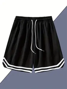 3-Piece Set Casual Sports Basketball Shorts, Five-Quarter Striped Hem, Loose Fit Breathable Leisure Shorts for Men, Athletic Shorts