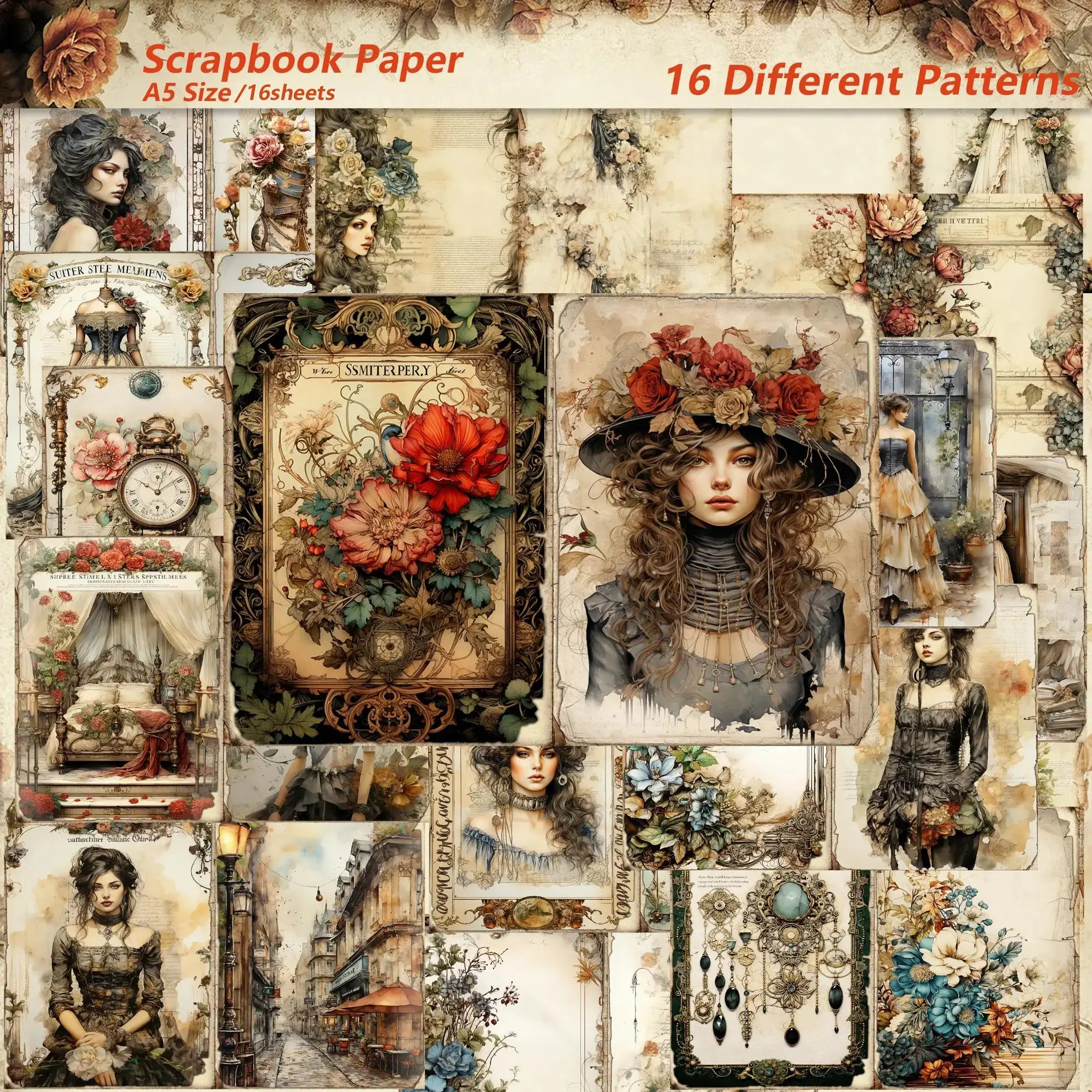 Vintage Victorian Lady Pattern Paper, 16 Sheets/pack Decorative Craft Paper, Aesthetics Decorative Paper For DIY Scrapbook Gift Wrapping