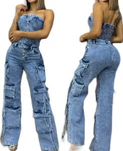 L58-61. Colombian Stretch Denim Cargo Jumpsuit – Sculpting Fit