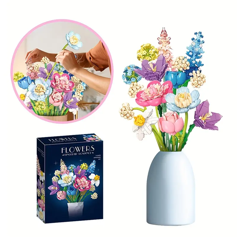 Romantic Bouquet Building Bricks Set Creative Gift Ornament Home Decor toy DIY 3D Flower Botanical Blocks Model 865PCS for Mother's Day Christmas Birthday Valentine's Day Gift and Collectibles Set for Mom Women Girlfriend