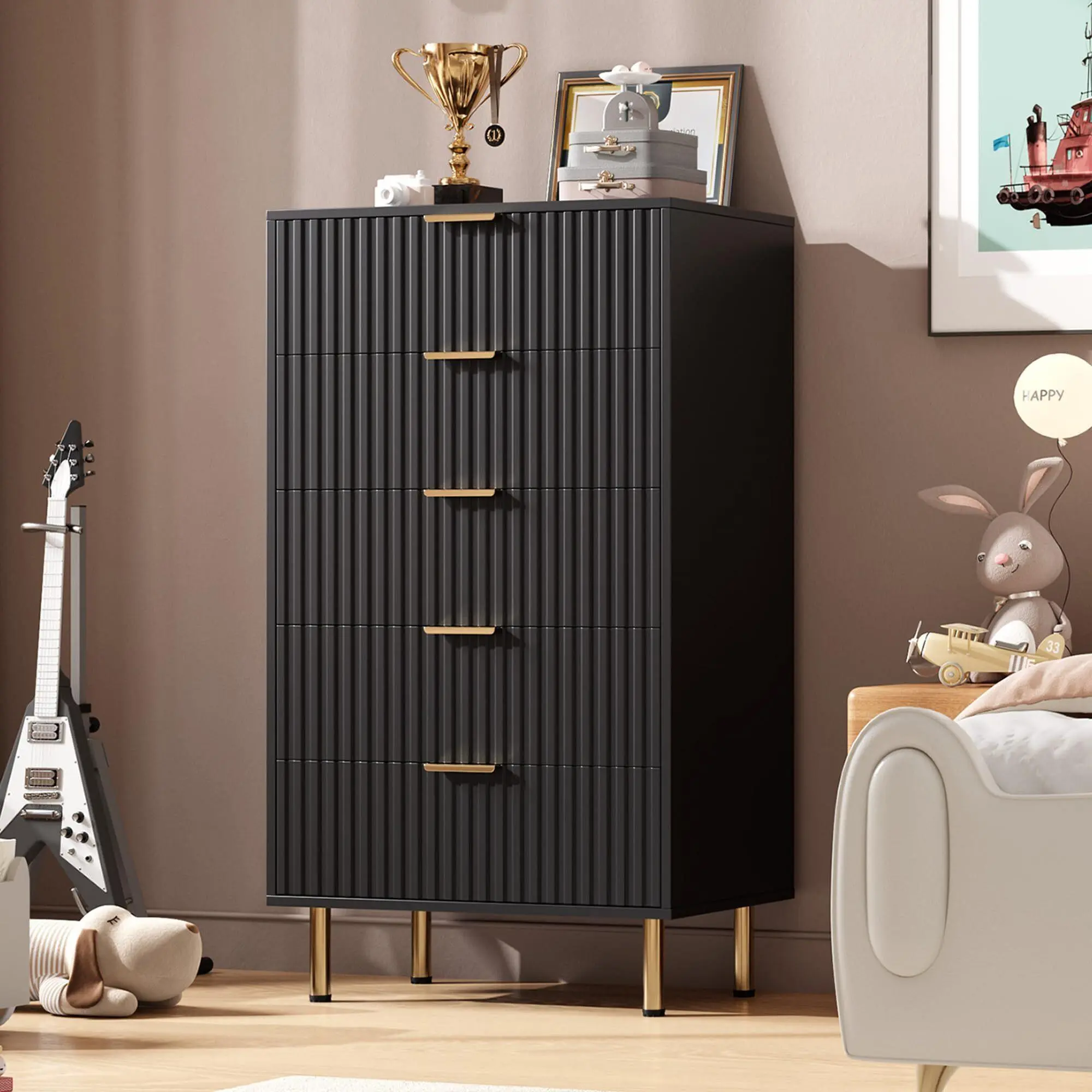 5 Drawer Wood Dresser Organizer with Gold Handles - Anti-Tip Safe, Quick Setup Storage Drawers, Tall Cabinet for Bedroom; Outdoor Rattan Sectional Conversation Set, Black Wide Rocker Chair, Quiet Chicken Nesting Box for Party Catering, Dresser Organizer S