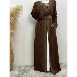 Women'sGlitterRhinestoneEmbellishedBeltedAbaya,LongSleeveOpenFrontAbayas,Women'sIslamicClothingforSpring&Fall