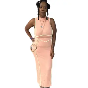 Peach Color Turtle Neck Sleeveless Long Dress Womenswear Casual
