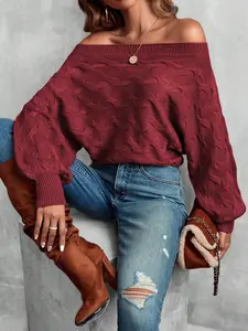 Women's Burgundy Plain Off Shoulder Batwing Long Sleeve Casual Knit Pullover Sweater - Spring Chic Basic Knitwear Top