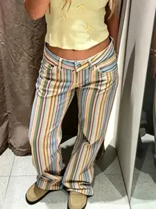 Rainbow Striped Jeans Pants Women's Pants Spring 2026 New Arrival Casual Fashion Trousers Straight Leg Mid Waisted Trousers Ladies Fashion All-Match Streetwear Long Pants For Women