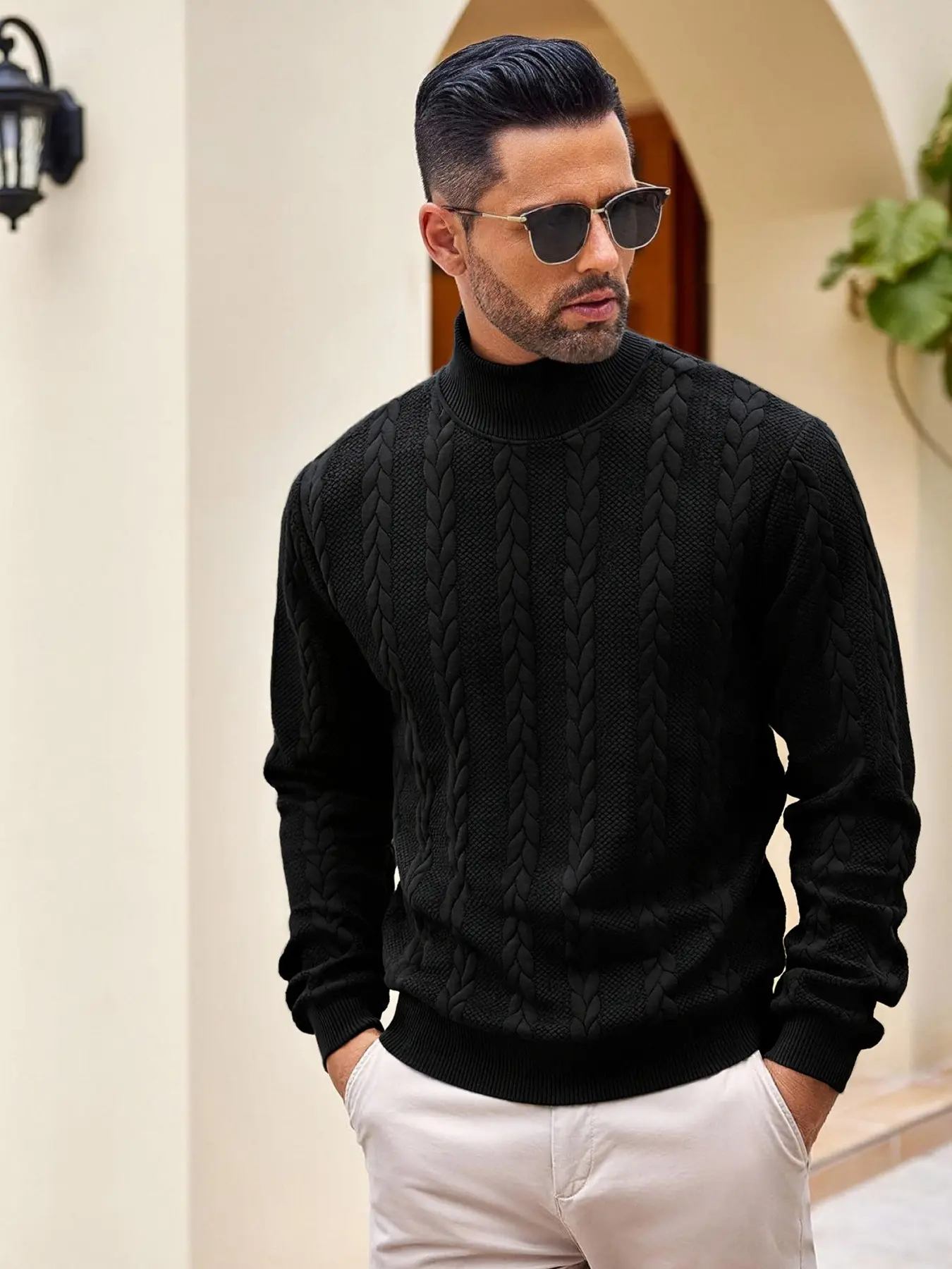 Men's Plain Solid Color Knit Sweater Knitwear, New Fashion High Neck Long Sleeve Fitted Pullover, Warm and Comfortable for Fall & Winter, Casual Style, Perfect Gift