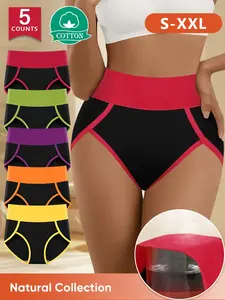 [Soft Cotton] Morelect High-Waist Women's Underwear Panties, 5-Pack Colorblock Trunk, Breathable Leak-Proof, Comfortable Slim Fit, Sizes S-Xxl