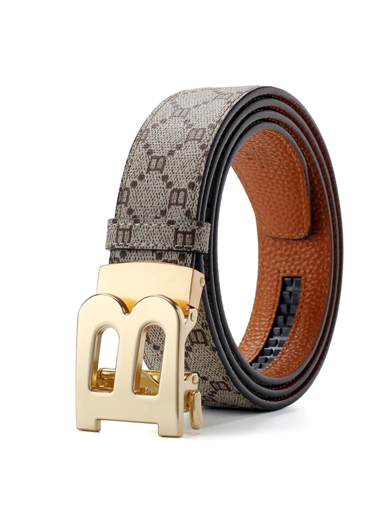Men's Luxury B Letter Automatic Buckle Belt, Designer Monogram Printed Leather Adjustable Ratchet Belt, Business Casual Waist Belt with Buckle for Jeans, 3 Colors