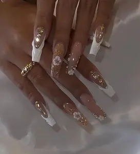Emily Nails | Flower Nails - Custom Press On Nails with 3D Design, Gold Accents, and Floral Accents, Available in Acrylic, Gel, and French Nails