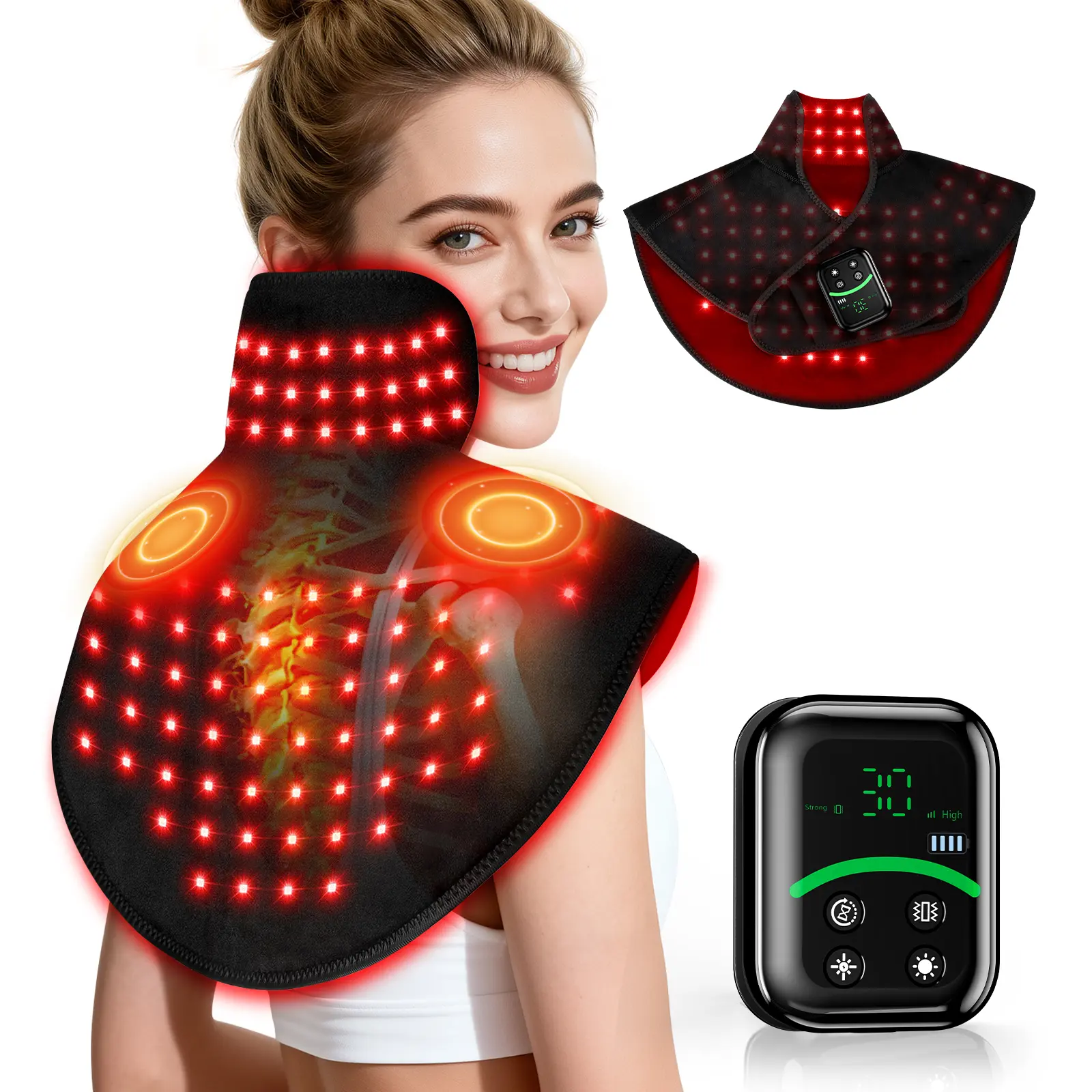 Red Light Therapy for Neck Shoulder with Heat & Massage, 118 LEDs Controller Infrared Light Pad, Timer & Pulse Modes, Portable Design for Upper Back, Shoulder, Neck, 5000mah Last 175-190mins
