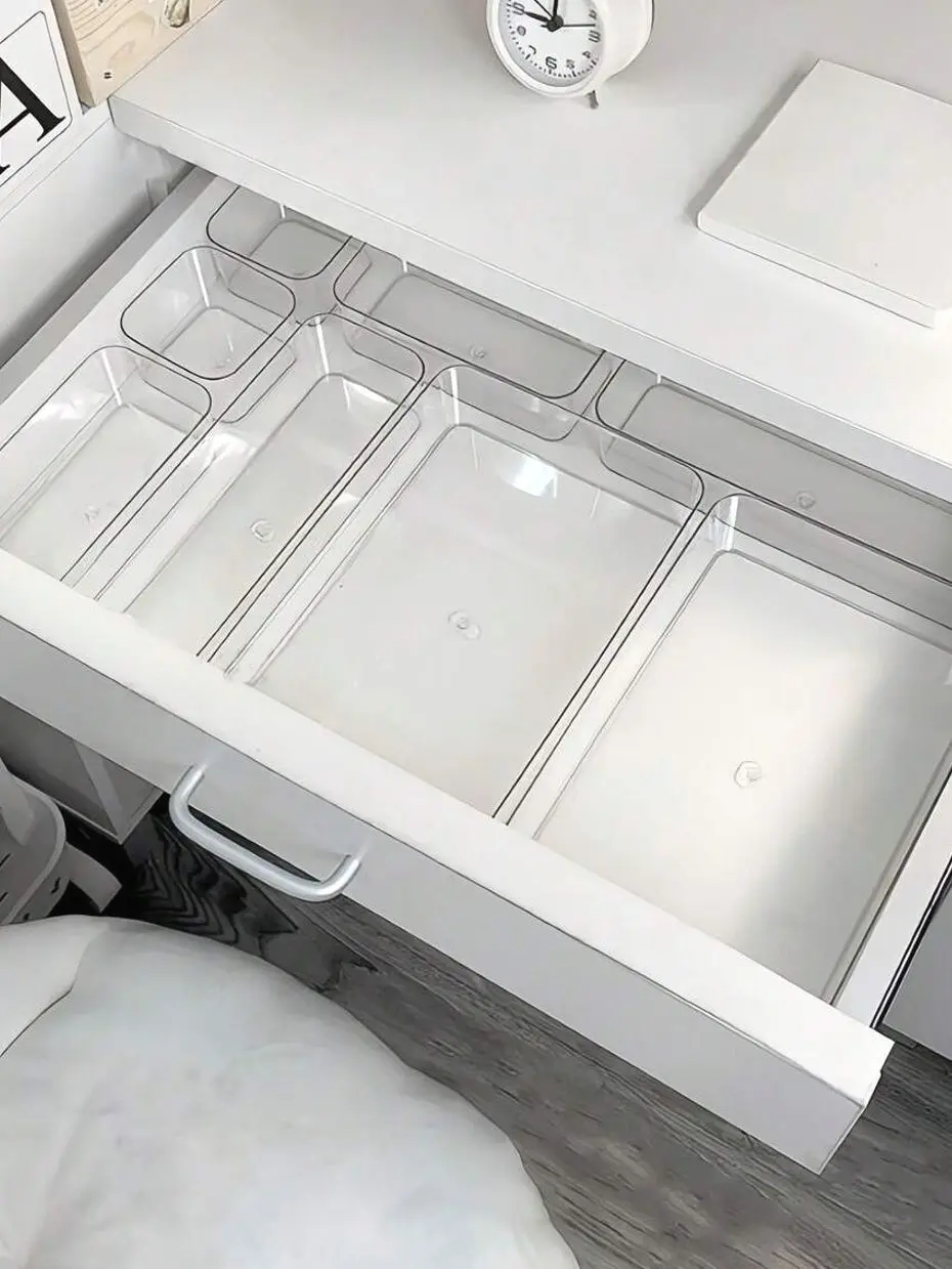 Clear Drawer Organizer Set of 8, Acrylic Makeup Organizer with Dividers & Compartments, Stackable Vanity Storage Bins for Bathroom, Kitchen Utensils, Desk & Office Supplies, Multi-Size Cosmetic Jewelry Trays for Countertop