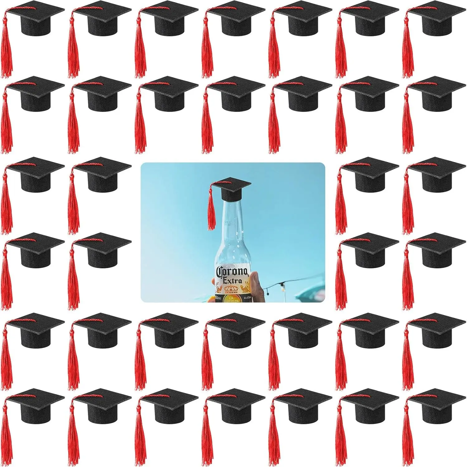36 Pieces 2026 Mini Graduation Caps with Tassels Graduation Wine Bottle Toppers Black Cap with Red Tassel