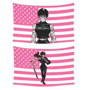 2pc Rectangular Jujutsu Theme Anime Print Tapestry Wall Hanging - Nanami Pink USA Flag Fabric Tapestry, Jujutsu Kaisen Aesthetic Backdrop, Home Decor Gift for Nanami Fans summervibes