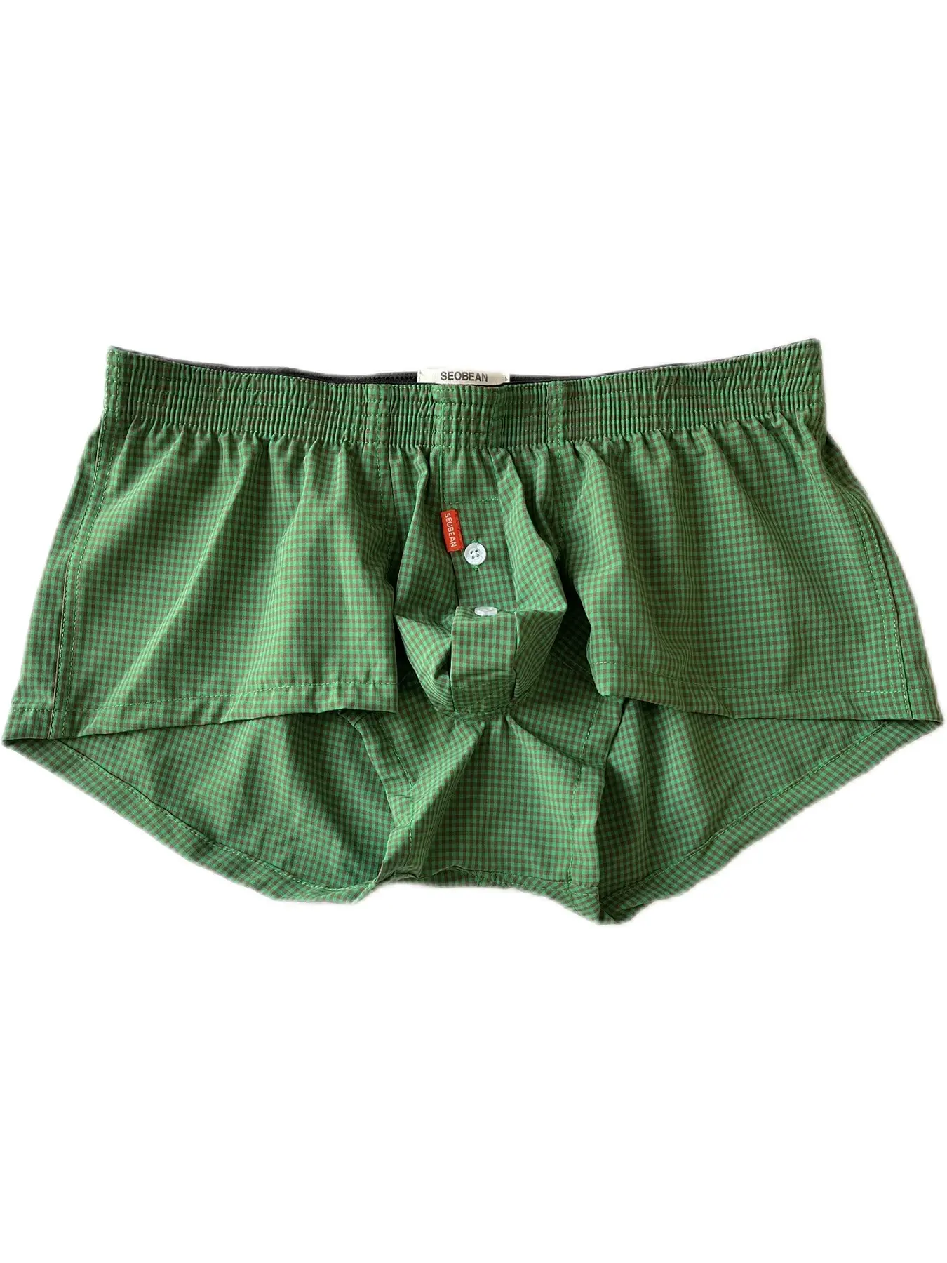 Men's Loose Fit Aloha Shorts, Low Waist Sexy Elastic Breathable Home Open Front Button Fly Briefs, Comfortable Lounge Underwear Gingham Boxer Detail, Casual Boxer Shorts, Stretchy Boxer Briefs, Elasticity Design Underwear