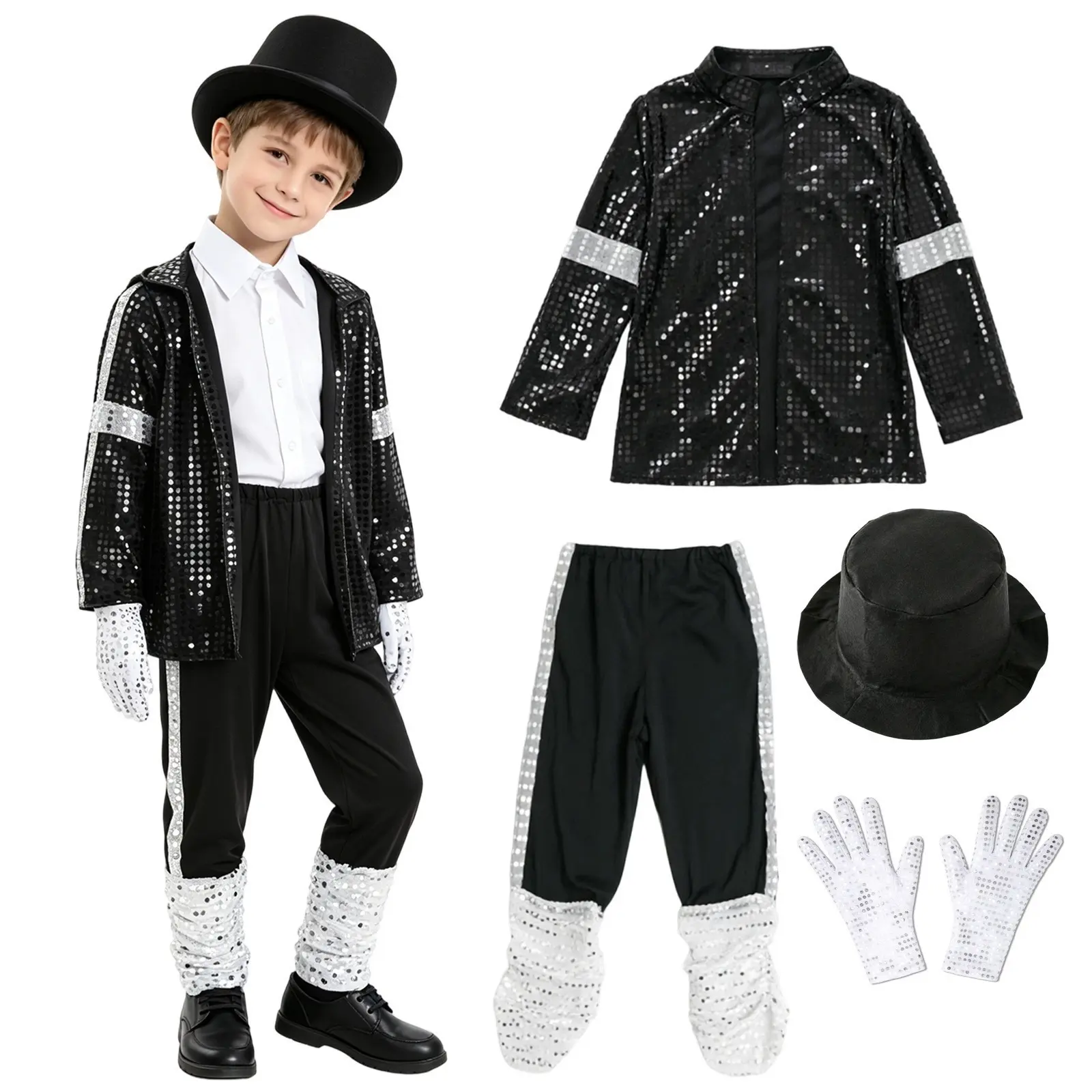 Boys' 5-Piece mj-inspired Black Silver Sequin Cosplay Dance Costume, Halloween Birthday Stage Performance Clothes