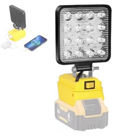 KUNLUN Cordless LED Spotlight Worklight - 4800 Lumens, 20V Rechargeable Battery-Powered Portable Lamp, 16 LED Beads, 140° Aim Control, USB Port, Aluminum Body, 15V Auto Shutoff, Power Compatibility, for Jobsite, DIY Projects (Batteries Not Included)
