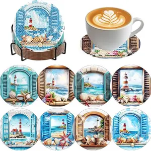 8 Piece Diamond Art Cup Mats Set with Stand and Cork Pads, DIY Series Diamond Art Coasters, Perfect Gift for Adults and Beginners