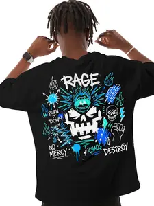 Men'S Casual Short Sleeve Round Neck T-Shirt, Angry Skull Short Sleeve T-Shirt, American Vintage Street Style Graffiti Skull Print Loose Fit Trendy Top, Unisex, Casual Round Neck Short Sleeve Shirt