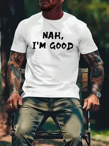 Men's "NAH, I'M GOOD" Letter Print Round Neck Tee, Regular Fit Short Sleeve Crew Neck T-shirt for Summer, Casual Men's Top for Daily Wear