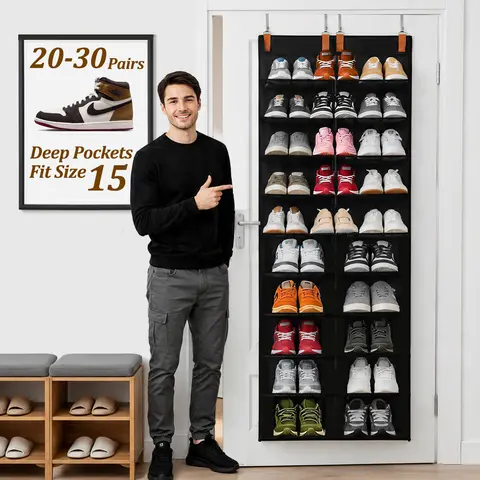10-Tier Hanging Door Mount Shoe Rack Organizer for Closet, Nylon with 20 Large Deep Mesh Pockets for Size 14 Shoes, Family Use Storage for 20-30 Pairs of Sneakers, Boots, Heels, Space-Saving Home Organizer