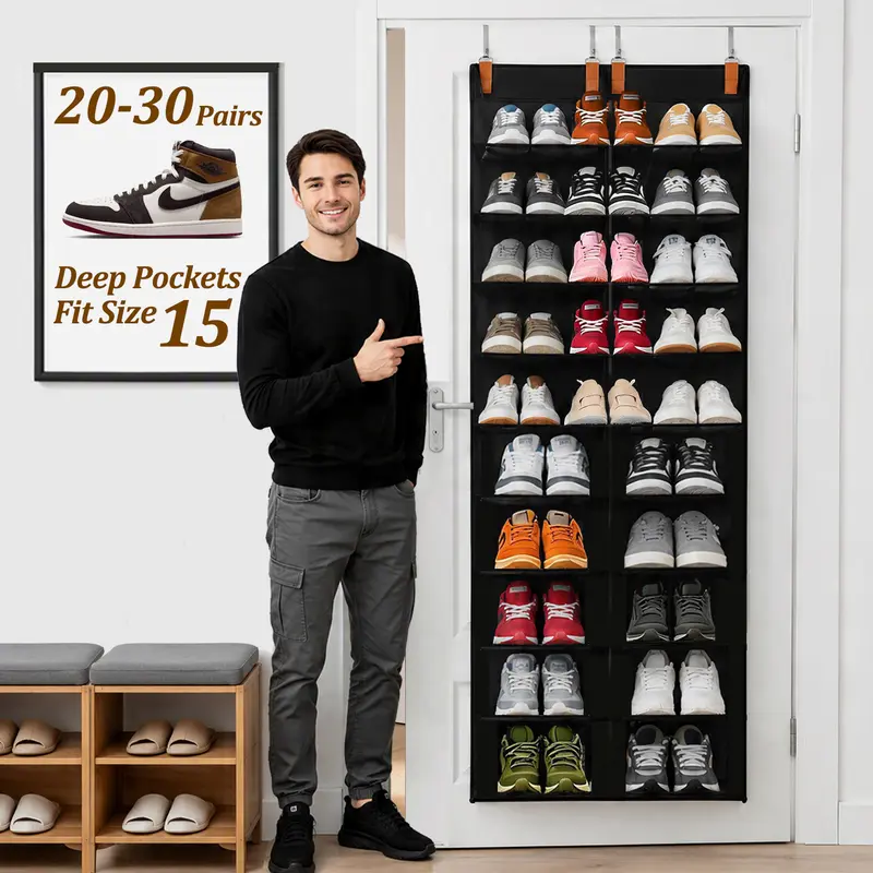 10-Tier Hanging Door Mount Shoe Rack Organizer for Closet, Nylon with 20 Large Deep Mesh Pockets for Size 14 Shoes, Family Use Storage for 20-30 Pairs of Sneakers, Boots, Heels, Space-Saving Home Organizer