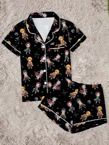 Demon Slayer Printed Women's Pajama Set, Comfortable Soft Two-Piece Sleepwear, Short Sleeve Button-Up Top and Elastic Shorts, Casual Home Wear, Loungewear, Pjs, Pyjamas