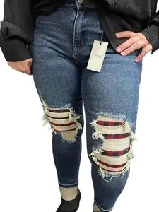 Judy Blue Buffalo Plaid Knee Destroy Patches & Cuff Boyfriend Jeans for Women Cotton Polyester Lycra