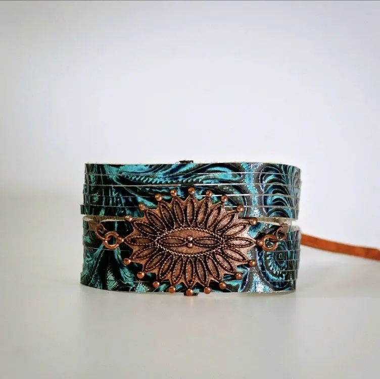 "Julia" Handmade Turquoise Tooled Leather Bracelet with Copper Coated Pendant