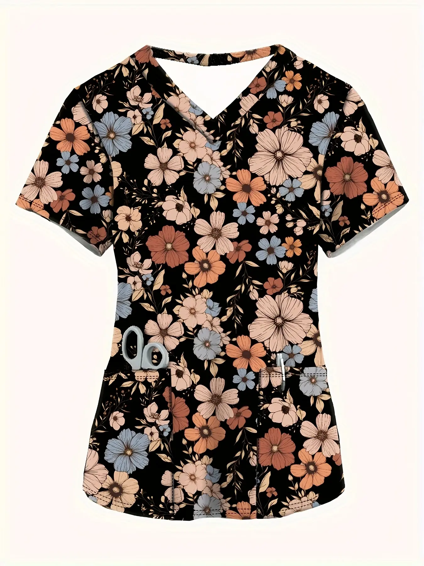 [Floral Print Nursing Blouse] Women's Casual V-Neck Short Sleeve Top - Black Small Floral Print, Breathable Machine-Washable, with Pockets, Spring/Summer Shirt for Nursing Uniforms & Casual Attire, Blouse for Nurse, Summer Blouse, Vneck Blouse