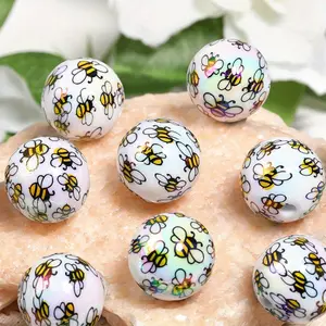 5/10/20pcs Acrylic Bee Print Beads, DIY Craft Materials, Hole Punch Loose Beads, Bracelet Necklace Phone Chain Car Pendant Jewelry Accessories, Beads Charms Accessories