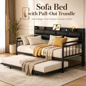 Homieasy Twin Size Daybed with Trundle, Twin Daybed Bed Frame with Upholstered Headboard and Charging Station, Metal Twin Sofa Bed Frame Pop-up Trundle Bed for Bedroom and Guest Room