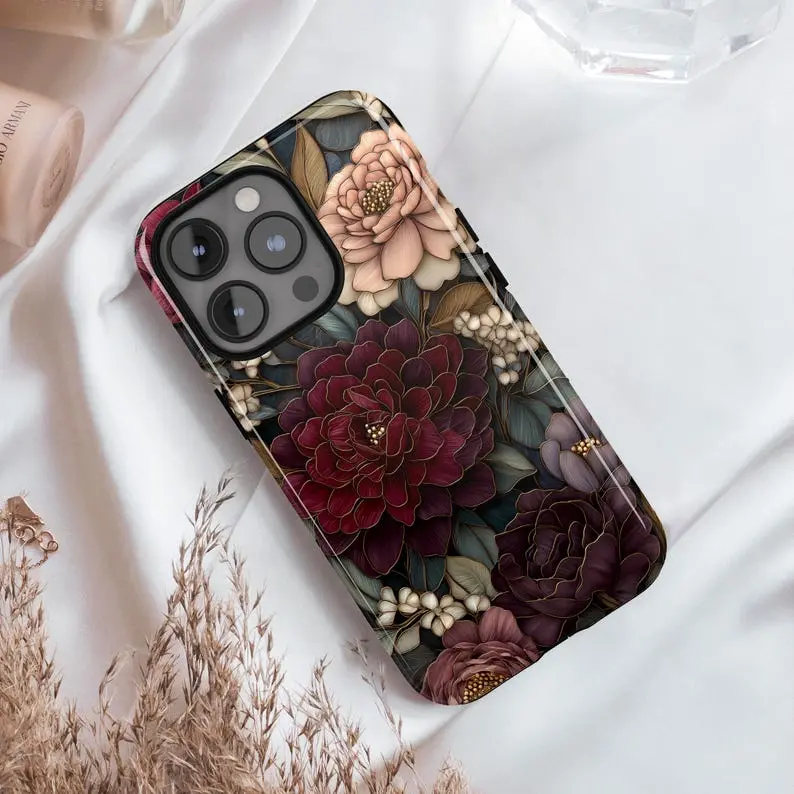 Stained Glass Vintage Floral Phone Case, Dark Academia Art. Case for IP 11 12 13 14 15 16 17 Pro, Plus, Promax, S21,22,23,24,25 Ultra, Tough Case, Magsafe Case
