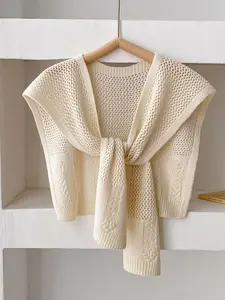 Women's Solid Color Hollow Out Cable Knit Shawl, Casual Open Front Long Sleeve Cover Up Top for Spring & Fall, Fashion Women's Knit Clothing for Daily Wear