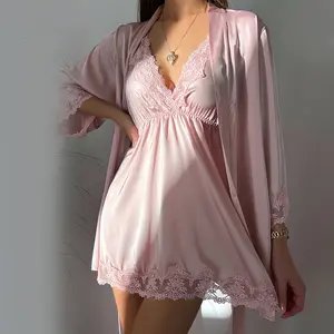 Satin embroidered lace deep V temptation pure desire suspender nightdress belt outer robe women's home clothes set