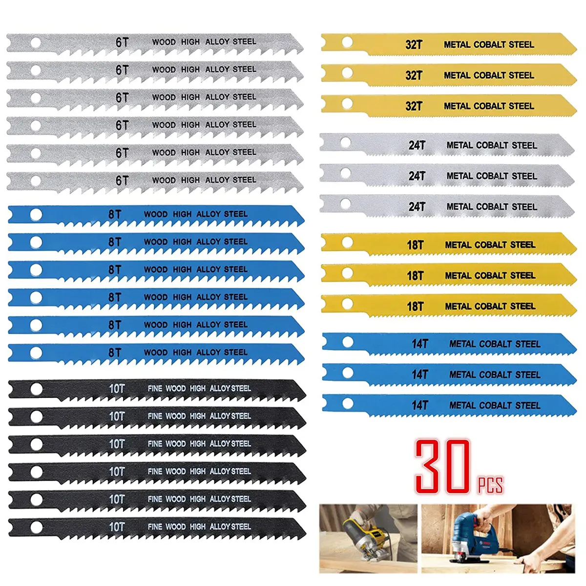 30Pcs Carbon Steel U-Shank Saw Blade Set, 86/100mm Assorted TPI 6-32 Fast Cut Down Blades - for Wood, Metal, Plastic Cutting, Compatible with Most Oscillating Saws, Tool, Heavy Duty, Multi-Use Cutting Handsaw Blades