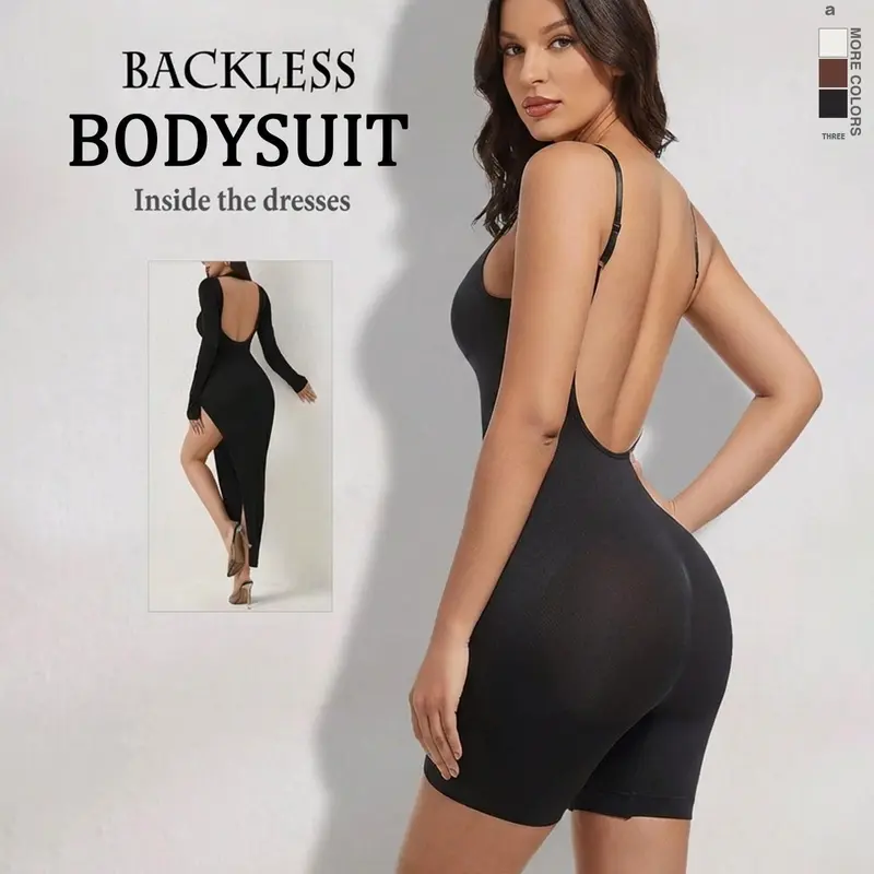 Seamless Smooth Fitted Body Shaper Dress Shapewear Daily Use Underwear For Women With Waist Trainer, Tummy Control, Butt Lifter, Backless, Square Collar, Bodysuit