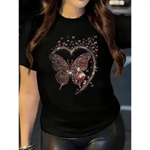 Cotton Short Sleeve  T-Shirt Chic Valentine's Day Butterfly Heart Print Casual T-Shirt for - Soft Polyester, Crew Neck, Short Sleeve, Machine Washable, Black with Colorful Glitter Design, Valentine's Day T-Shirts （Graphic printed tee,NO actual sequins.）