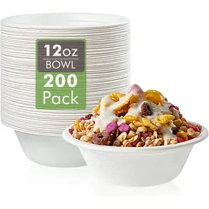 200 Pack 12 OZ Paper Bowls, Disposable Compostable Bowls Bulk, Bagasse Bowls, Heavy-duty Bowls for Milk Cereals, Snacks, Salads