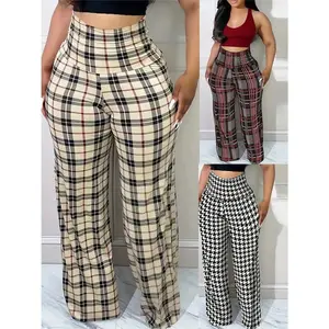 Women’s Plaid Wide-Leg Pants High Waist Casual Loose Trousers for Spring Summer