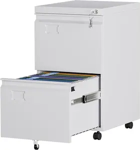 Aobabo White Mobile 2 Drawer File Cabinet with Wheels, Lockable Metal Rolling Filing Cabinets for Home Office Under Desk, Heavy Duty Steel Storage Organizer with Business Card Slot for Legal Letter Size Paperwork, Assembly Required