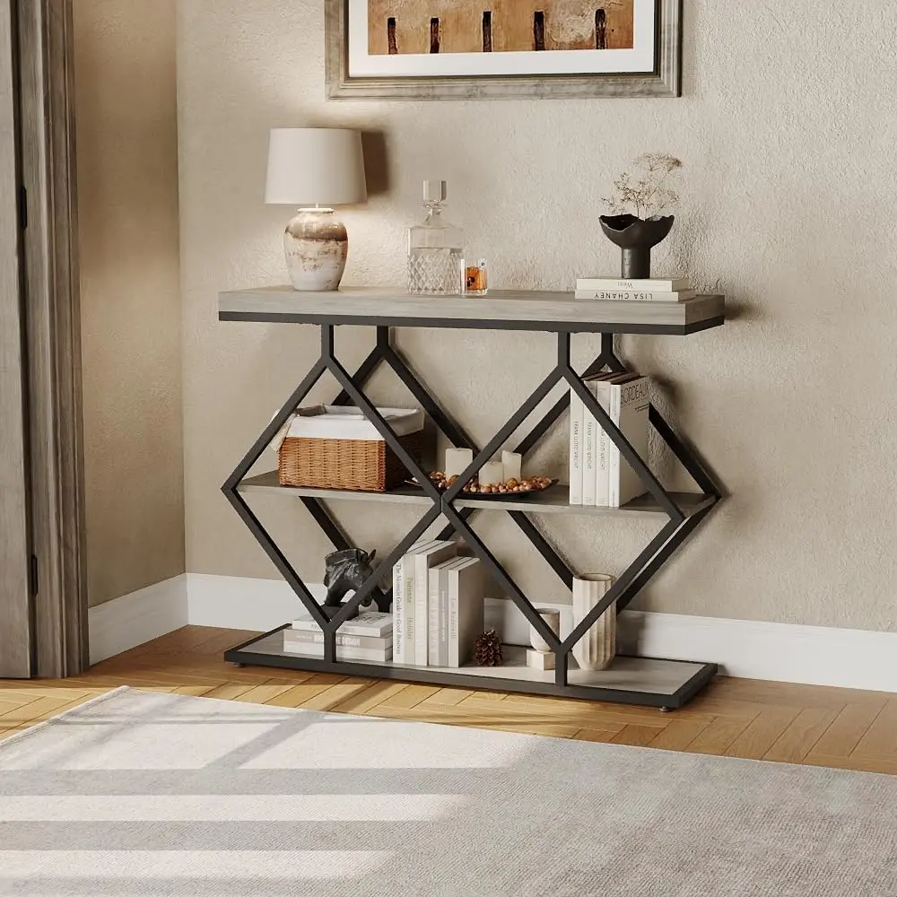 3-Tier Industrial Entryway Console Sofa Table with Open Storage Shelves, Diamond-Shaped Metal Frame, 39.37"D x 11.81"W x 31.5"H Small Spaces Accent Table for Foyer, Hallway