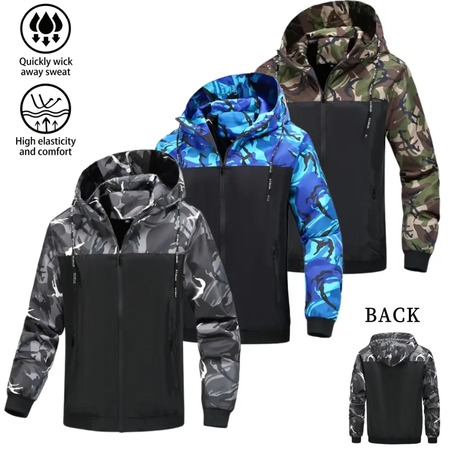 Men’s camouflage patchwork hooded windproof jacket, lightweight zip-up outdoor casual outerwear with pockets; lightweight, zip-up, windproof, waterproof jacket.