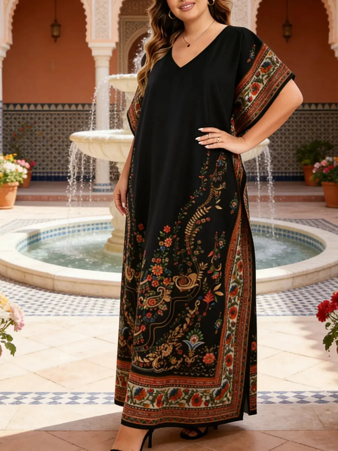 Women's Middle Eastern Muslim Kaftan Boubou Robe, Caftans Casual Summer Elegant V-Neck Floral Print Loose Maxi Long Split Beach Vacation Dress, Islamic Clothing Modesty Clothes, Muslim Outfits
