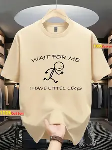 Men's Wait for Me Short Leg Matchstick Man Print Short Sleeve T-Shirt, Fun Humorous Loose Fit Casual Top, All Seasons Fashion